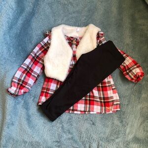 Plaid Top with Faux Fur Vest and Black Leggings